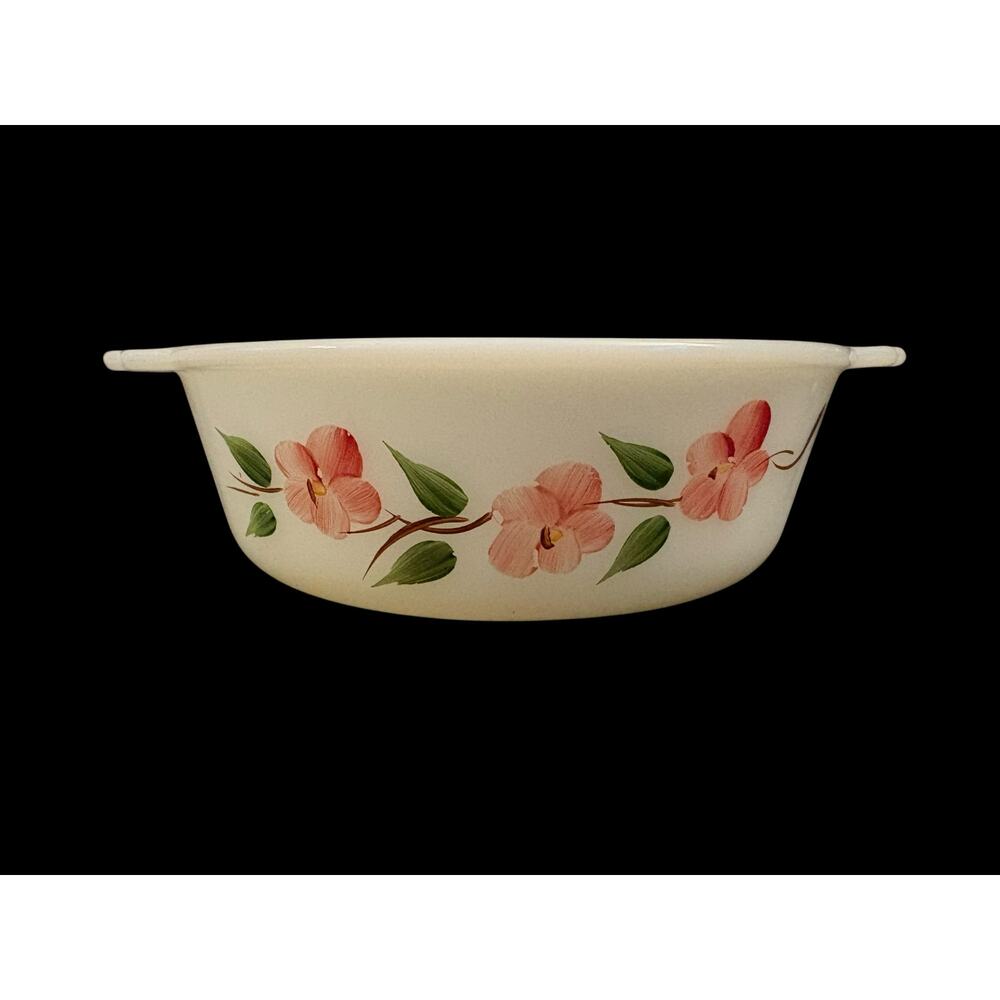 Anchor Hocking Fire-King Milk Glass Casserole Dish Peach Blossom" or "Dogwood" - Picture 7 of 7